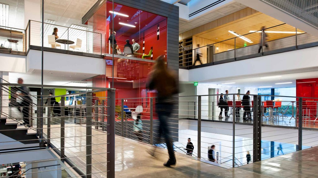A person walking in a large building.
